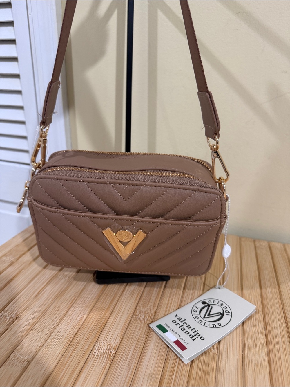Valentino Garavani Taupe Quilted Crossbody with Gold V Emblem